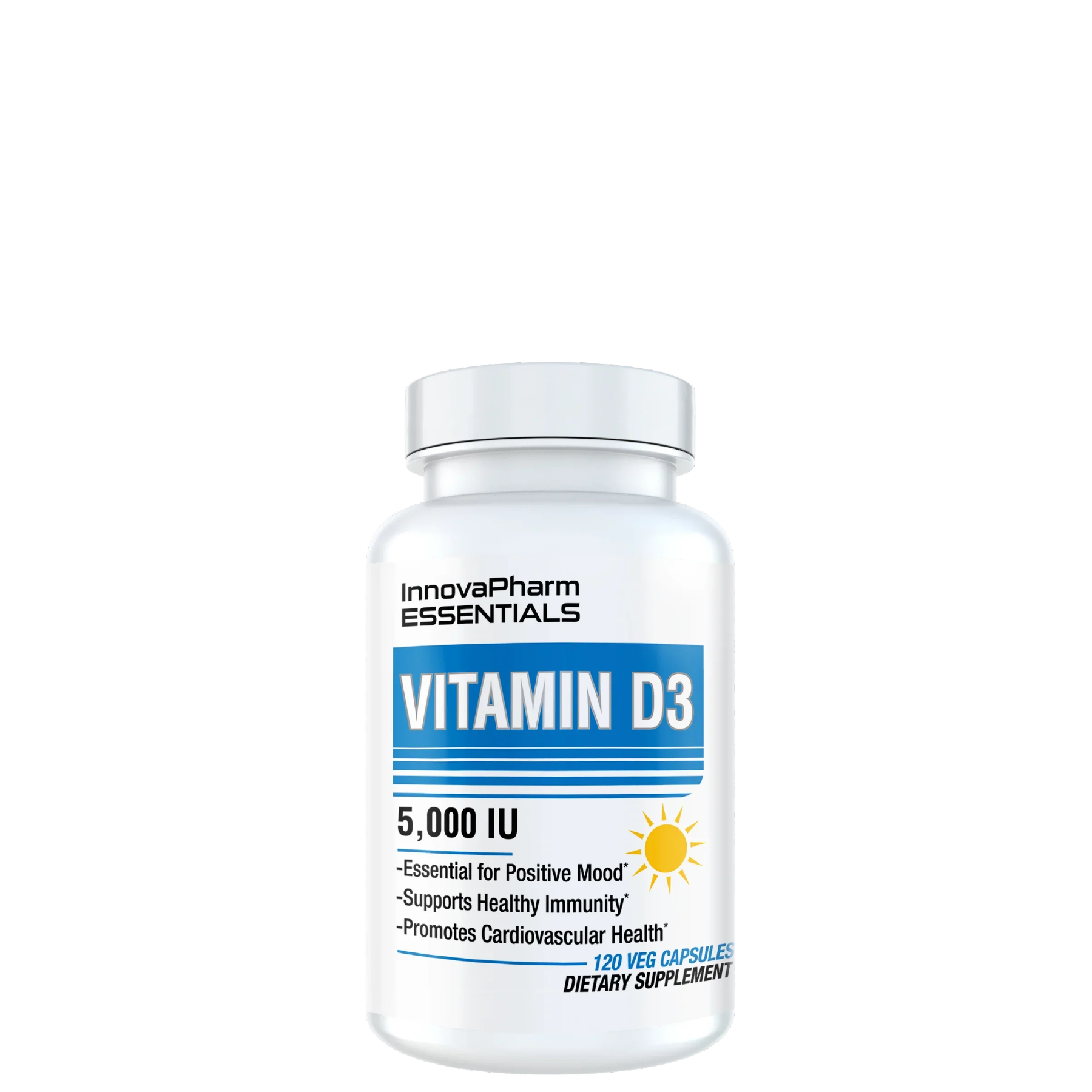 A bottle of Vitamin D3 supplements with the brand name innovaPharm ESSENTIALS on the label.