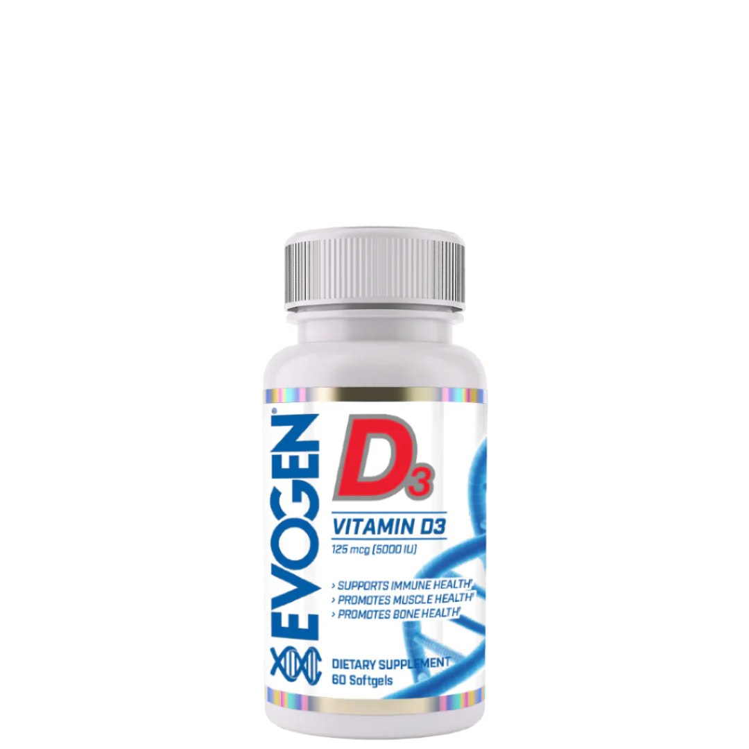 A bottle of Evogen Nutrition Vitamin D3 supplement with blue and white labeling.