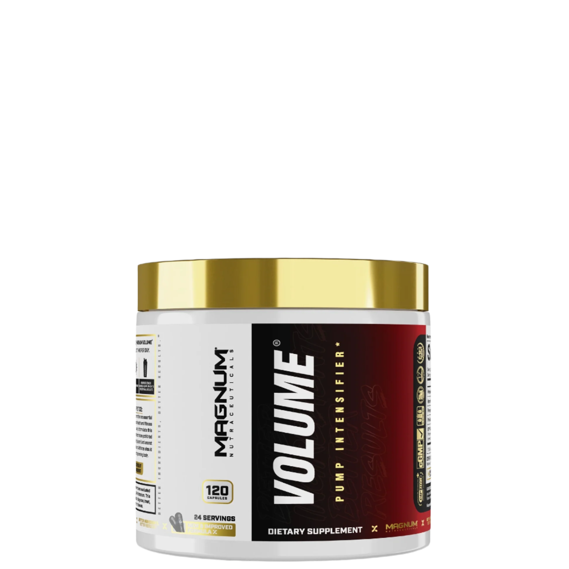 A container of Magnum Volume Capsules, which is a dietary supplement with red and white labeling.