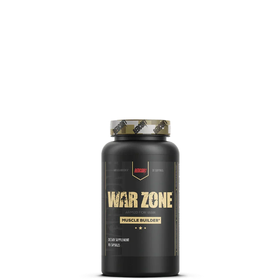 A container of Redcon1 War Zone muscle building supplement with a black and gold label.