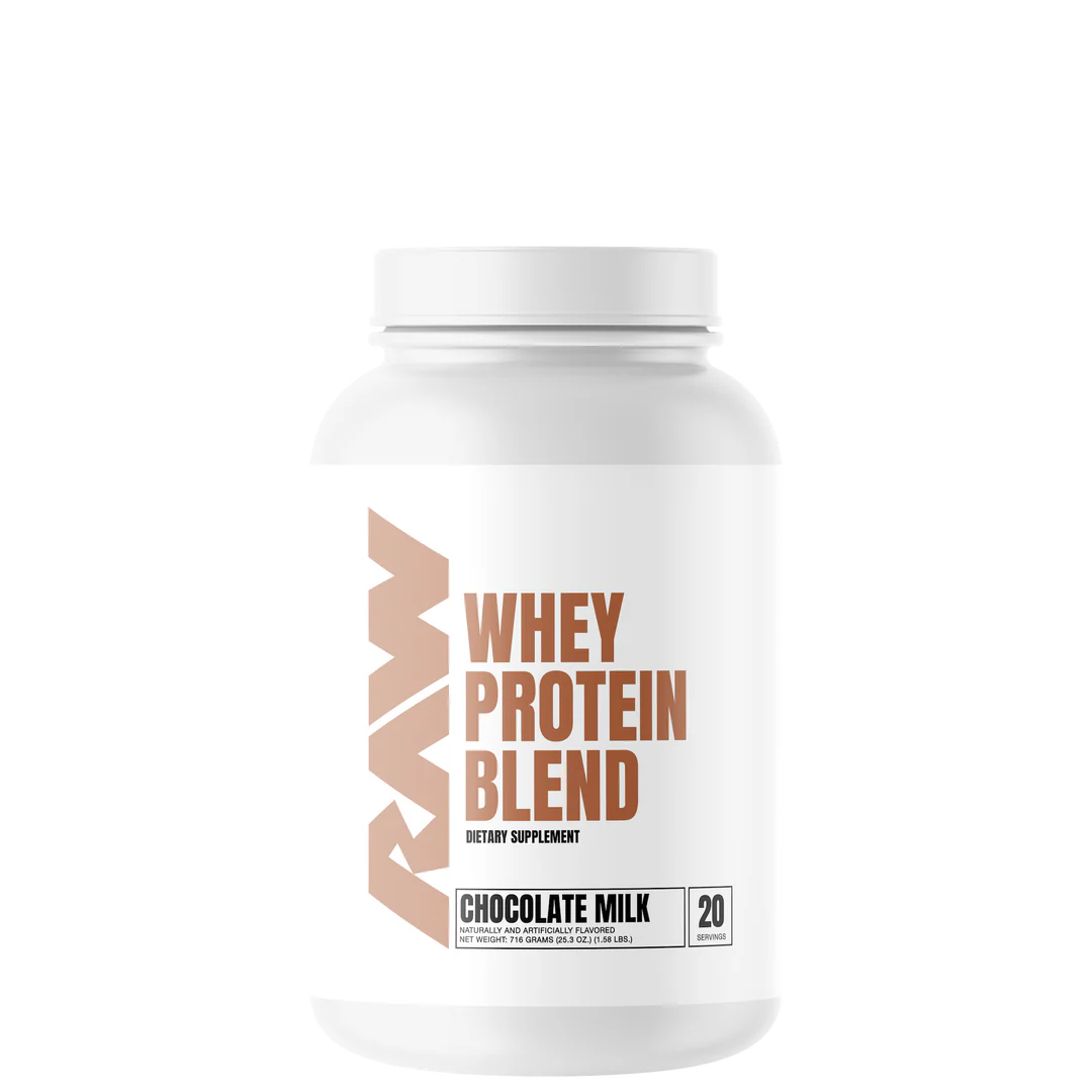 A container of RAW Whey Protein Blend in Chocolate Milk flavor.