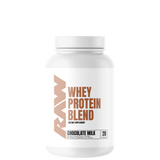 A container of RAW Whey Protein Blend in Chocolate Milk flavor.