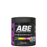 Container of ABE Ultimate Pre-Workout supplement with a graphic of a person working out on the front, and the flavor 'Baddy Berry' indicated.