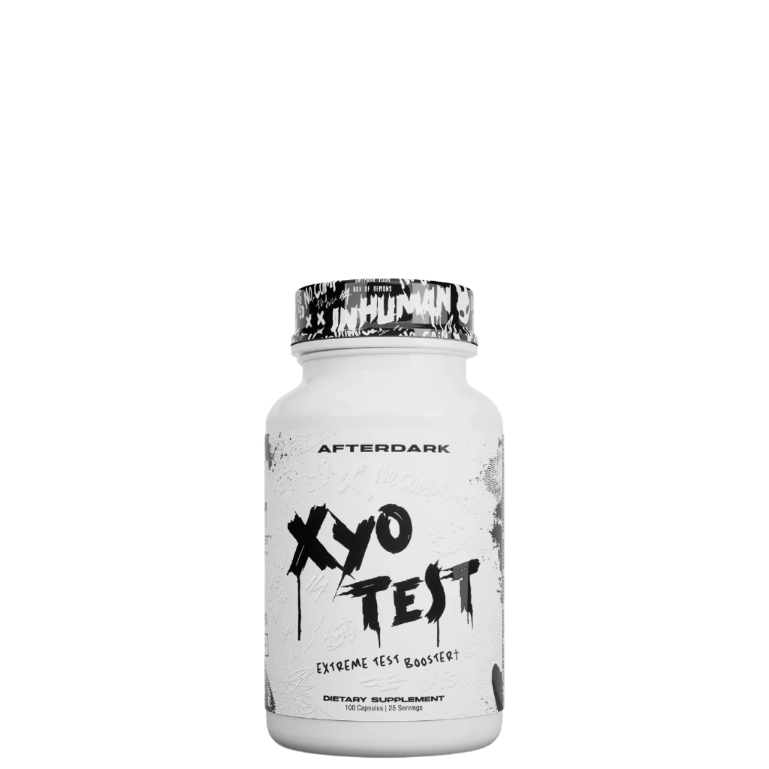 A bottle of XyoTest, a supplement designed to enhance testosterone levels, with a white label and black text.