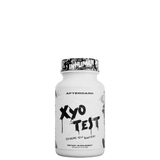 A bottle of XyoTest, a supplement designed to enhance testosterone levels, with a white label and black text.
