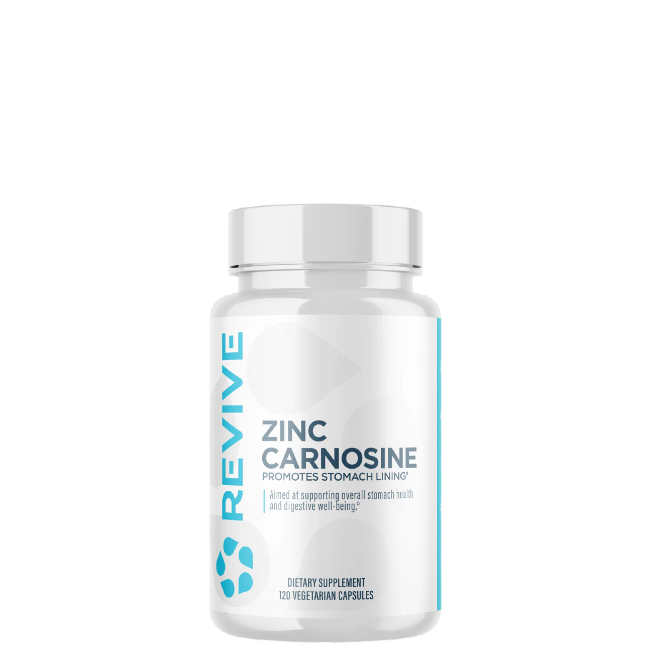 A white bottle with a blue label, labeled 'REVIVE ZINC CARNOSONE', indicating the product is zinc carnosine supplement