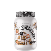 A container of AFTERBITES WHEY PROTEIN with a design that includes an image of a chocolate bar with nuts and a graphic pattern on the lid.