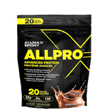 A package of ALLMAX Sport ALLPRO Advanced Protein Powder, with a yellow and black color scheme and a depiction of a milkshake.