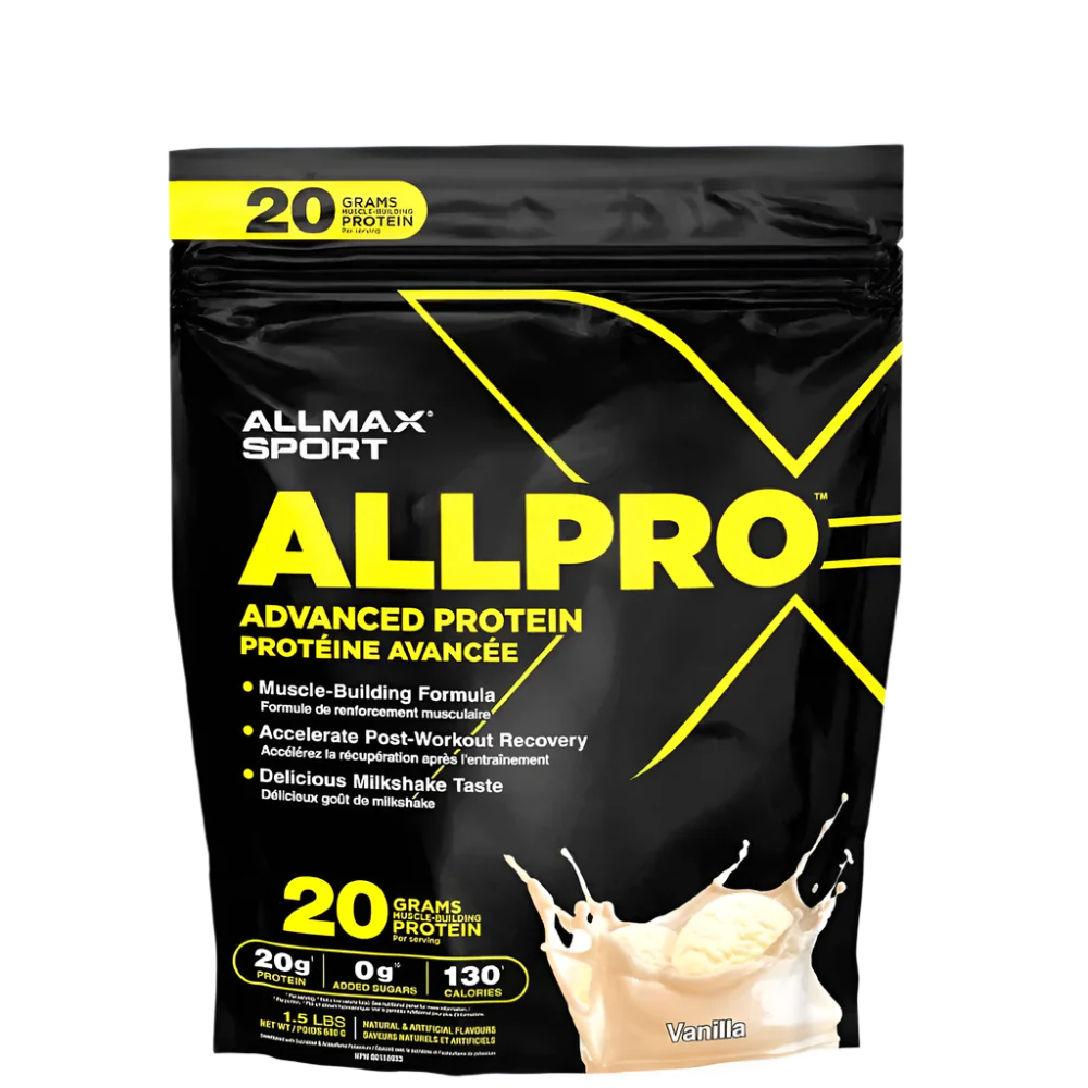 A package of ALLMAX Sport ALLPRO Advanced Protein Powder, with a yellow and black color scheme and a depiction of a milkshake.