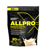 A package of ALLMAX Sport ALLPRO Advanced Protein Powder, with a yellow and black color scheme and a depiction of a milkshake.