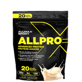 A package of ALLMAX Sport ALLPRO Advanced Protein Powder, with a yellow and black color scheme and a depiction of a milkshake.