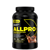 A package of ALLMAX Sport ALLPRO Advanced Protein Powder, with a yellow and black color scheme and a depiction of a milkshake.