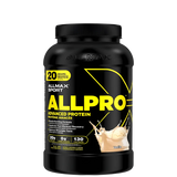 A package of ALLMAX Sport ALLPRO Advanced Protein Powder, with a yellow and black color scheme and a depiction of a milkshake.