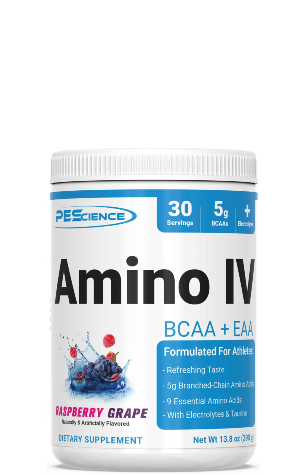 A container of PEåScience Amino IV BCAA + EAA supplement in raspberry grape flavor.