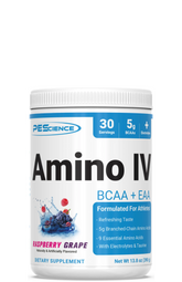 A container of PEåScience Amino IV BCAA + EAA supplement in raspberry grape flavor.