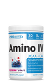 A container of PEåScience Amino IV BCAA + EAA supplement in raspberry grape flavor.