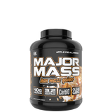 A container of VMI Sports Major Mass Lean Mass Gainer in ice cream sandwich flavor, highlighting its features such as high protein and low carb content.