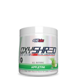 Container of OxyShred Non-Stim fat burner with strawberry flavor, predominantly white with red and grey text, and an image of a strawberry at the bottom.