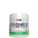 Container of OxyShred Non-Stim fat burner with strawberry flavor, predominantly white with red and grey text, and an image of a strawberry at the bottom.