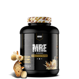 A black plastic container of MRE Whole Food Protein powder with a gold and white label, titled 'MRE WHOLE FOOD PROTEIN' and indicating 25 servings.