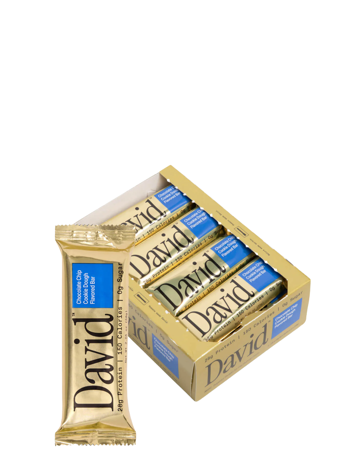 Box of David protein bars on a white background