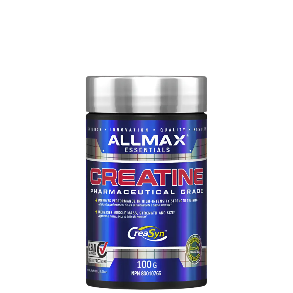 A container of AllMax Creatine Monohydrate Powder, 100g size, with blue and silver color scheme and branding information.