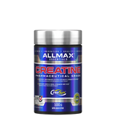 A container of AllMax Creatine Monohydrate Powder, 100g size, with blue and silver color scheme and branding information.
