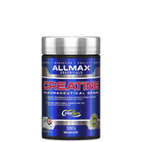 A container of AllMax Creatine Monohydrate Powder, 100g size, with blue and silver color scheme and branding information.