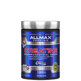 A container of AllMax Creatine Monohydrate Powder, 100g size, with blue and silver color scheme and branding information.