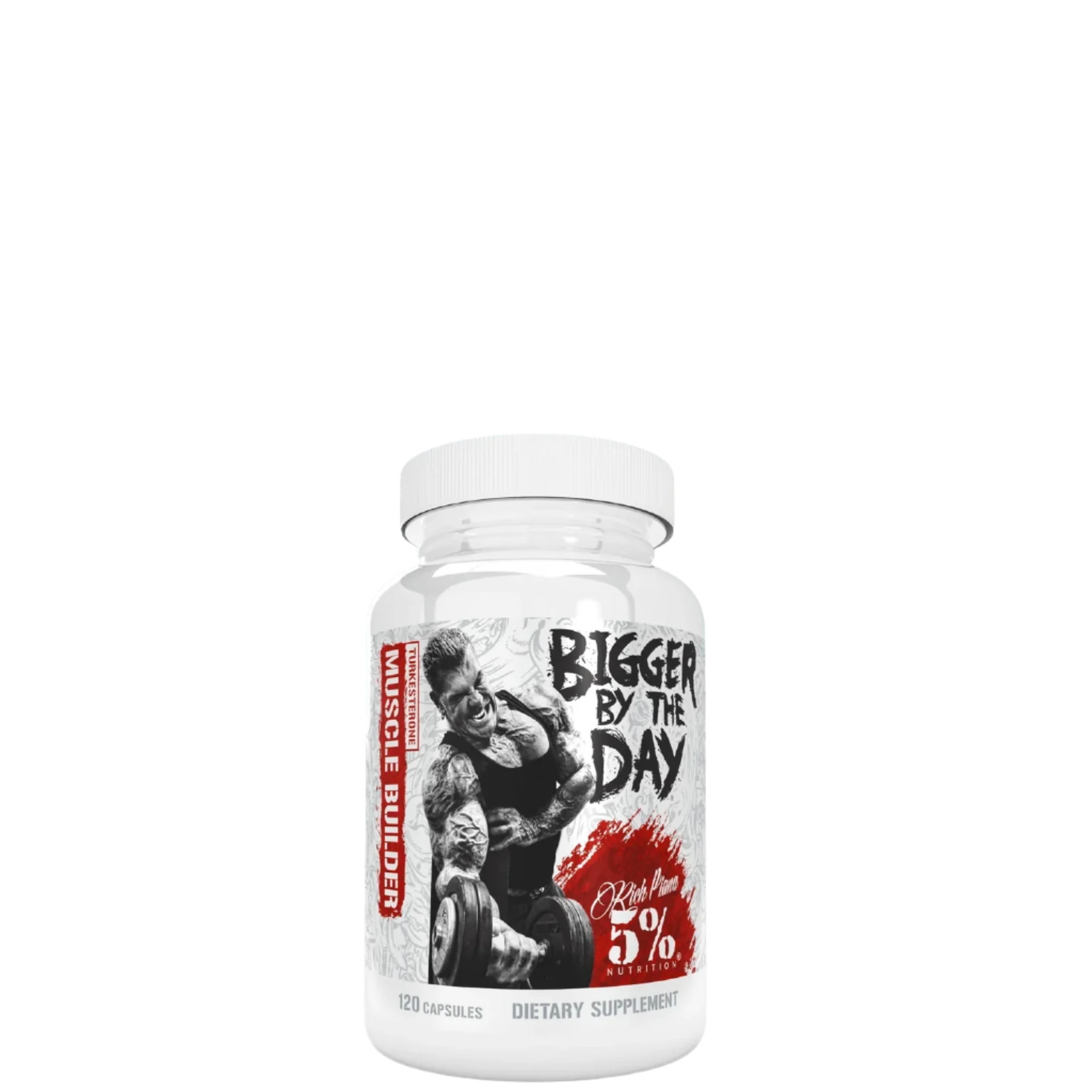 A bottle of 'Bigger By The Day Muscle Builder with Turkesterone' supplement, featuring a graphic of a bodybuilder on the label.