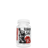 A bottle of 'Bigger By The Day Muscle Builder with Turkesterone' supplement, featuring a graphic of a bodybuilder on the label.