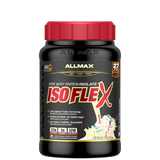 A container of ALLMAX ISOFLEX pure whey protein isolate powder with a red lid, labeled as 90% protein content with 27g of protein per serving.