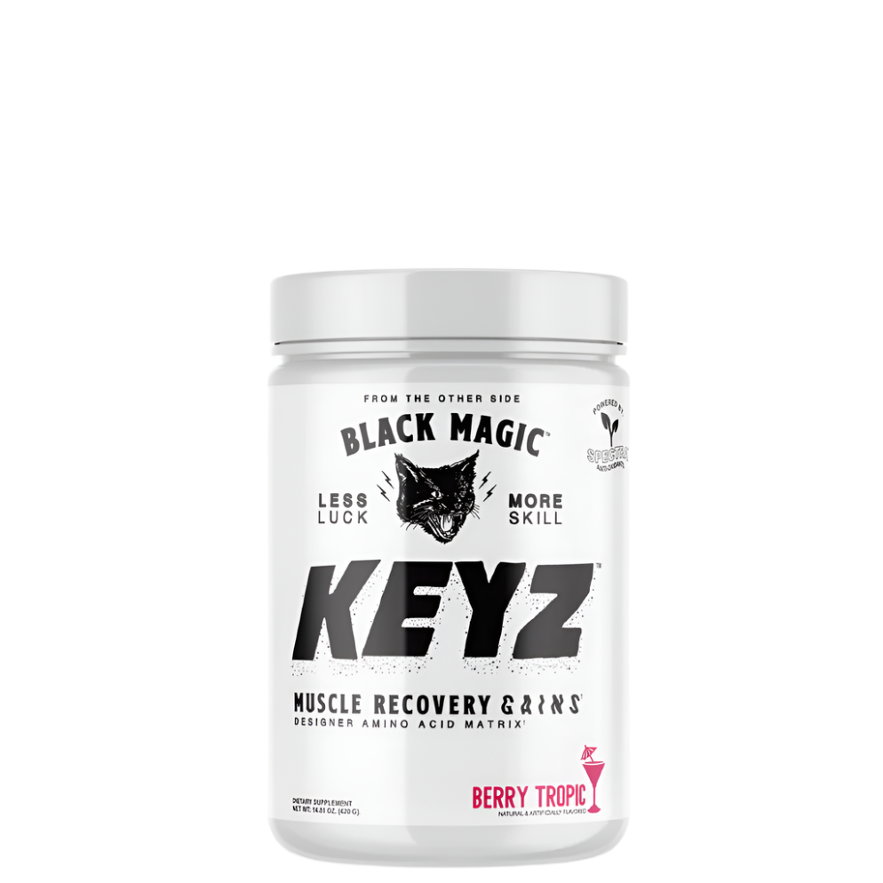 A container of Black Magic Supply's KEYZ Amino Acid Recovery Matrix in Berry Tropic flavor.