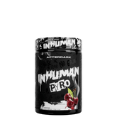 A container of Afterdark Inhuman Pyro Thermo Pre-Workout with a black and white design featuring red cherries and text.