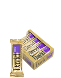 Box of David protein bars with a single bar in front on a white background