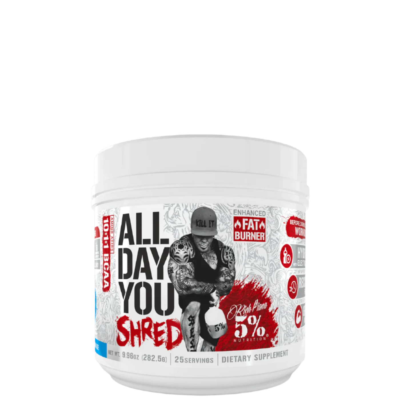 A container of All Day You Shred Fat Burning BCAA Recovery Drink with branding and design elements indicating it is a supplement for fitness and bodybuilding.