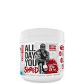 A container of All Day You Shred Fat Burning BCAA Recovery Drink with branding and design elements indicating it is a supplement for fitness and bodybuilding.