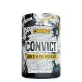 A container of Convict High Stim Pre-Workout by Condemned Labz with a black and white design and the product name prominently displayed.