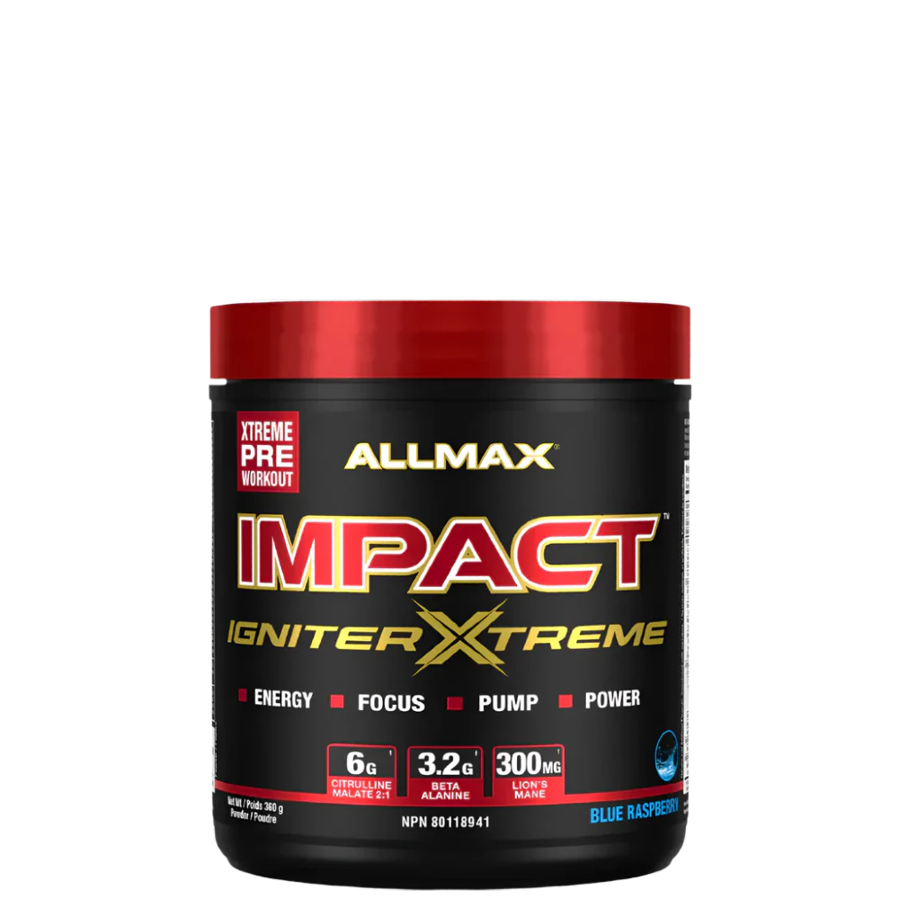 A container of Allmax Impact Igniter Xtreme pre-workout supplement with red and black color scheme and product information.