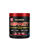 A container of Allmax Impact Igniter Xtreme pre-workout supplement with red and black color scheme and product information.