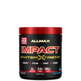 A container of Allmax Impact Igniter Xtreme pre-workout supplement with red and black color scheme and product information.