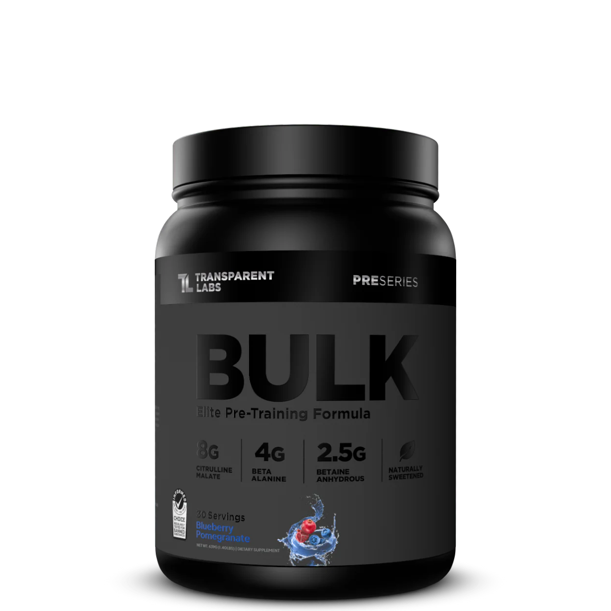 Black supplement container labeled 'BULK' with Transparent Labs branding on a white background
