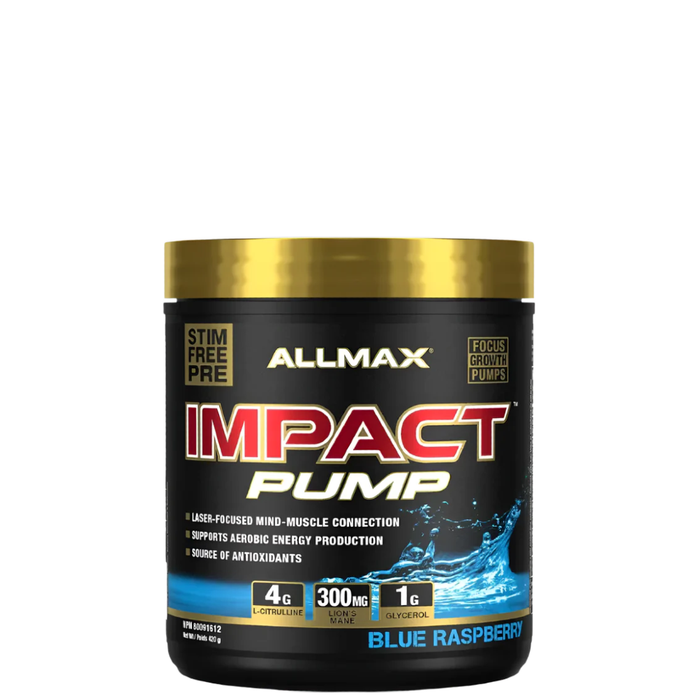 A container of Allmax Impact Pump pre-workout supplement in blue raspberry flavor.