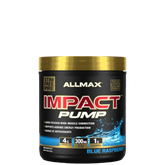 A container of Allmax Impact Pump pre-workout supplement in blue raspberry flavor.