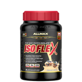 A container of ALLMAX ISOFLEX pure whey protein isolate powder with a red lid, labeled as 90% protein content with 27g of protein per serving.