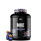 A black plastic container of MRE Whole Food Protein powder with a gold and white label, titled 'MRE WHOLE FOOD PROTEIN' and indicating 25 servings.