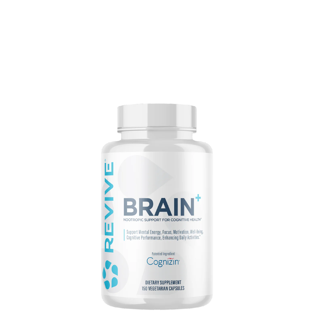 A bottle of Revive Brain+ supplement with white and blue label design.