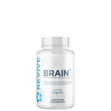 A bottle of Revive Brain+ supplement with white and blue label design.