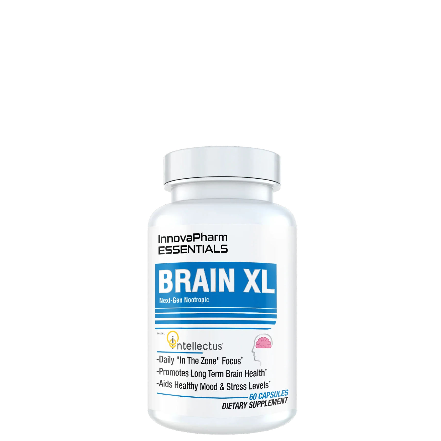 A bottle of Brain XL dietary supplements with the brand name Innovapharma Essentials visible on the label.