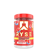 A container of RYSE Loaded Pre-Workout supplement in sour punch flavor, with colorful label featuring the brand logo and graphics.